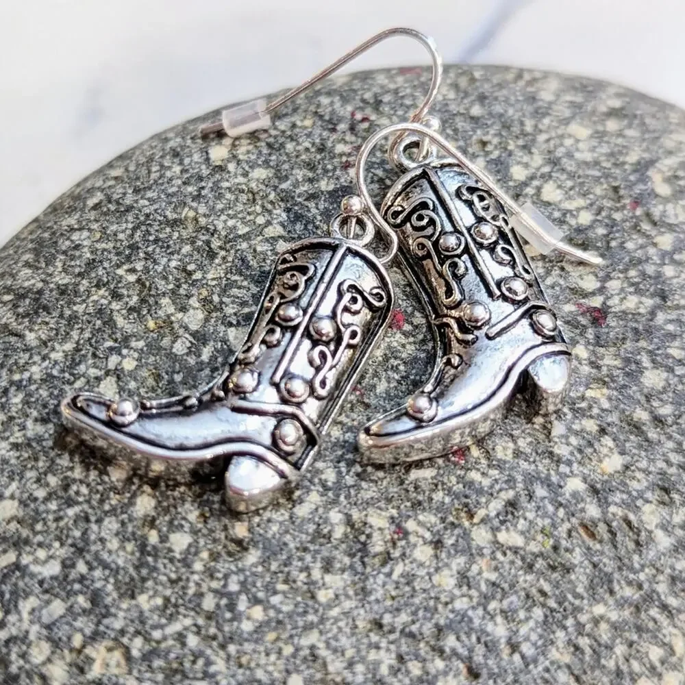 BOOTS Silver Western Cowgirl Cowboy Boots Hook Earrings with a Distressed Look